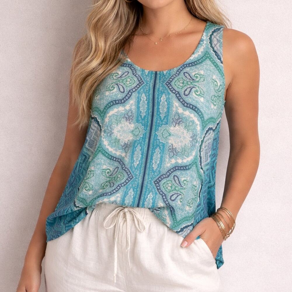 Rose + Olive Paisley Knit Tank Womens Large Turquoise Open Back Beachy Top